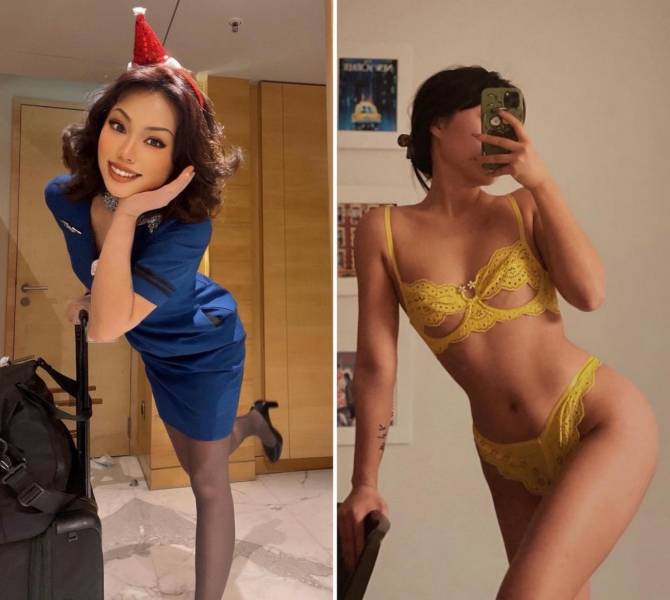 Hot Flight Attendants With And Without Their Uniforms