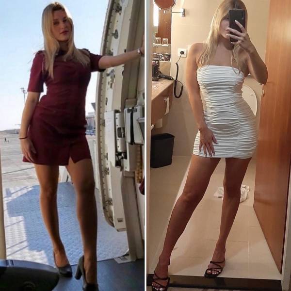 Hot Flight Attendants With And Without Their Uniforms