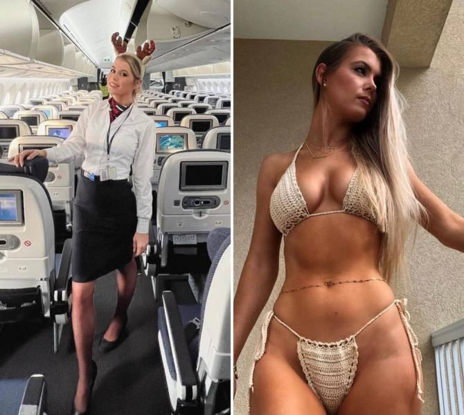 Hot Flight Attendants With And Without Their Uniforms