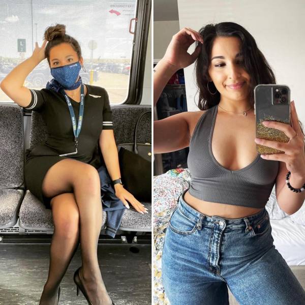 Hot Flight Attendants With And Without Their Uniforms