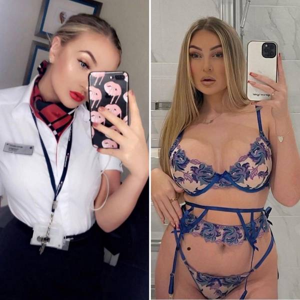 Hot Flight Attendants With And Without Their Uniforms