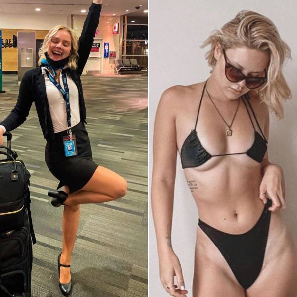 Hot Flight Attendants With And Without Their Uniforms