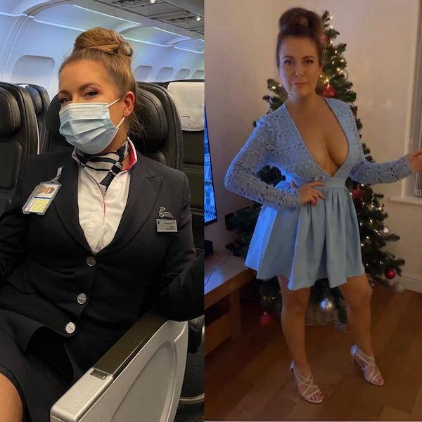 Hot Flight Attendants With And Without Their Uniforms
