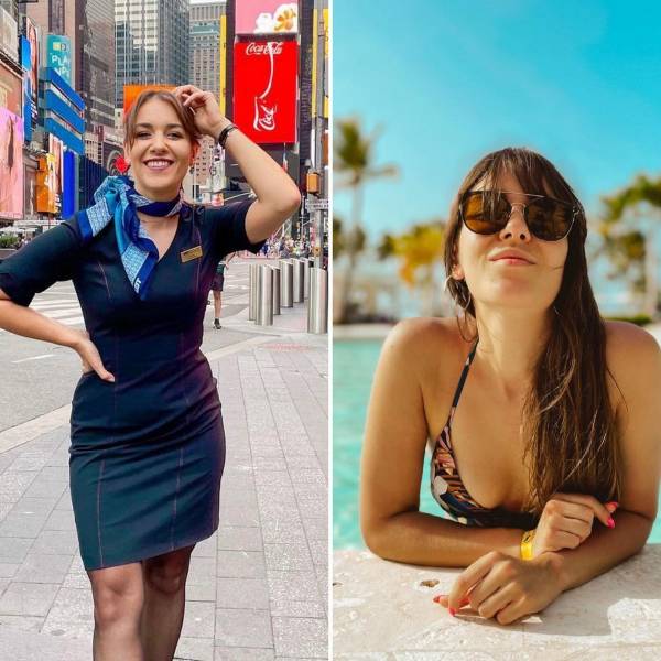 Hot Flight Attendants With And Without Their Uniforms