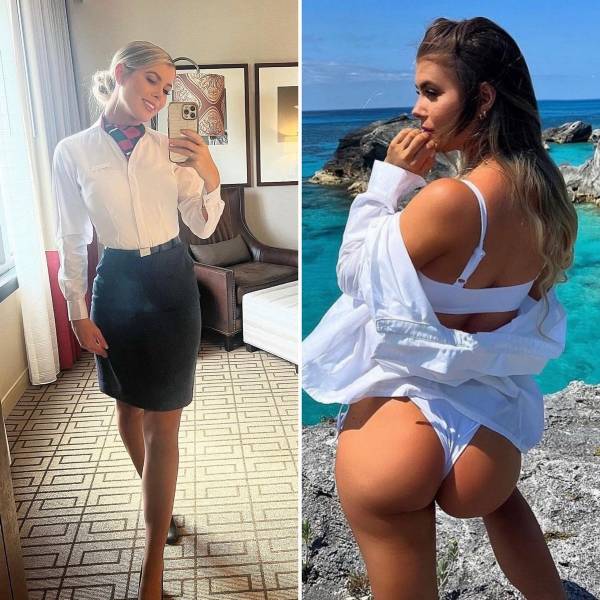 Hot Flight Attendants With And Without Their Uniforms