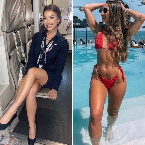 Hot Flight Attendants With And Without Their Uniforms