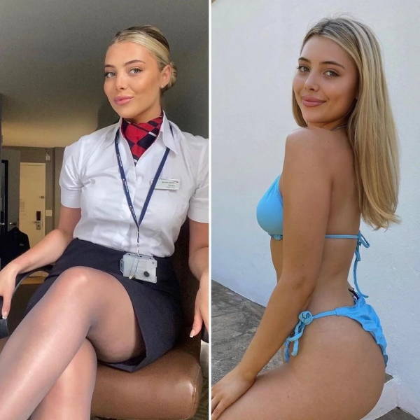 Hot Flight Attendants With And Without Their Uniforms