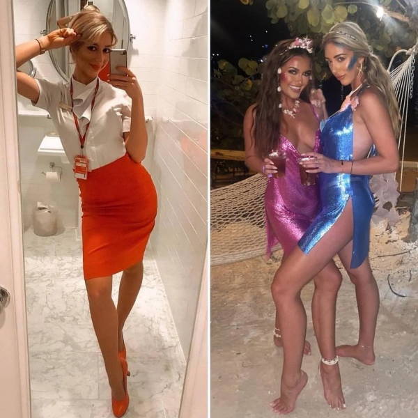 Hot Flight Attendants With And Without Their Uniforms