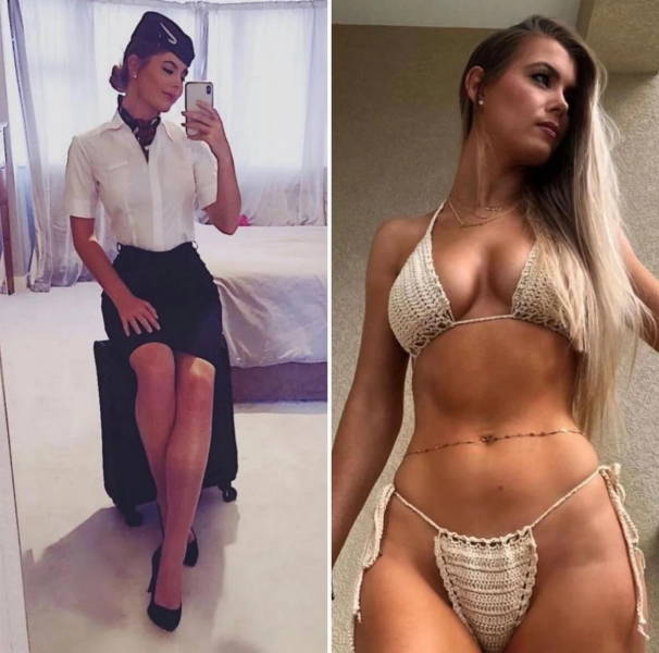 Hot Flight Attendants With And Without Their Uniforms