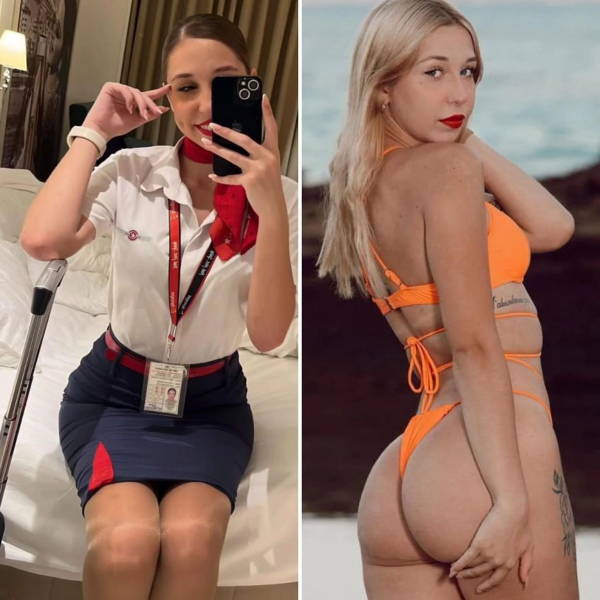 Hot Flight Attendants With And Without Their Uniforms