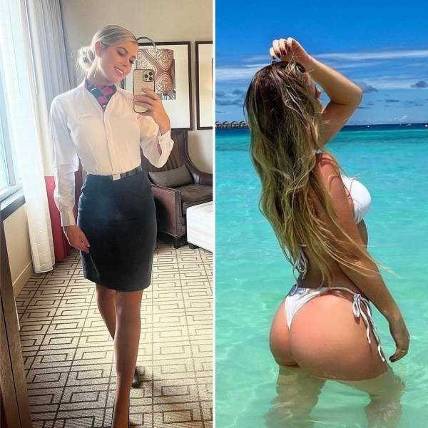 Hot Flight Attendants With And Without Their Uniforms